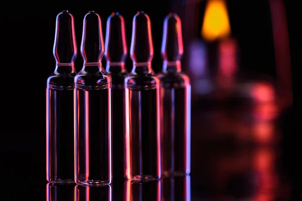Transparent Glass Ampoules Substance Table Black — Stock Photo, Image