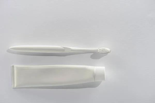 Top View White Toothbrush Tube Toothpaste White — Stock Photo, Image