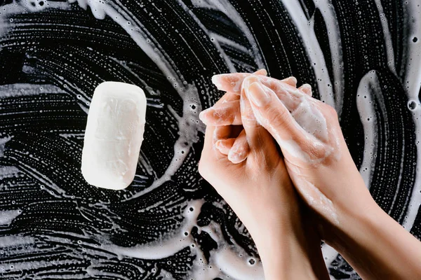 Cropped View Woman Washing Hands Soap Foam — Free Stock Photo