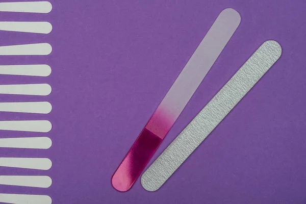 Top View Different Nail Files Isolated Purple — Stock Photo, Image