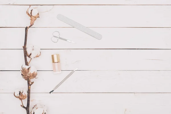 Top View Scissors Nail File Nail Polish Wooden Table — Stock Photo, Image