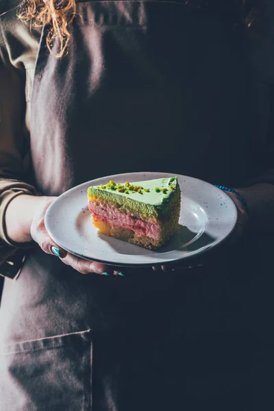 Close View Woman Holding Piece Homemade Cake Plate Hands — Stock Photo, Image