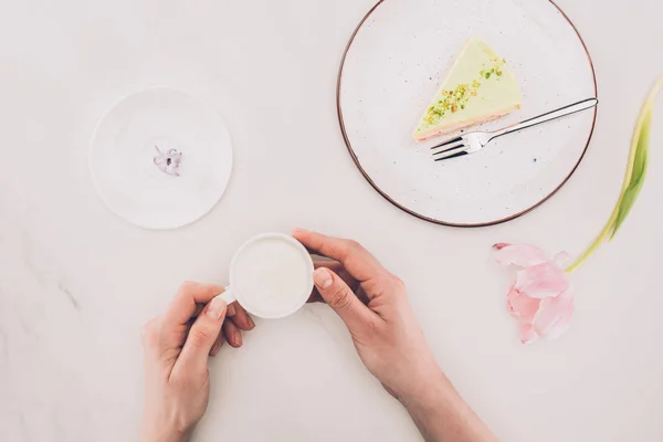 Cropped Shot Woman Cup Milk Piece Cake Plate White Surface — Stock Photo, Image