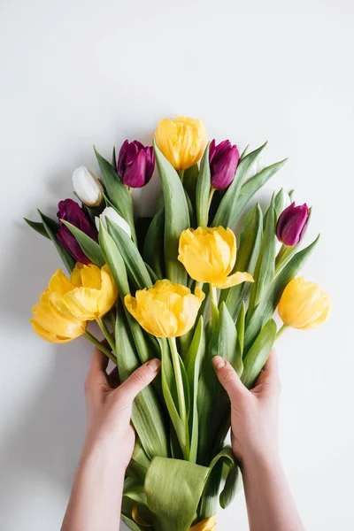 国際女性の日の春のチューリップの花束を持つ手のビューをトリミング — ストック写真