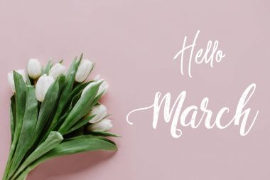 top view of bouquet of white tulips on pink with Hello March lettering clipart