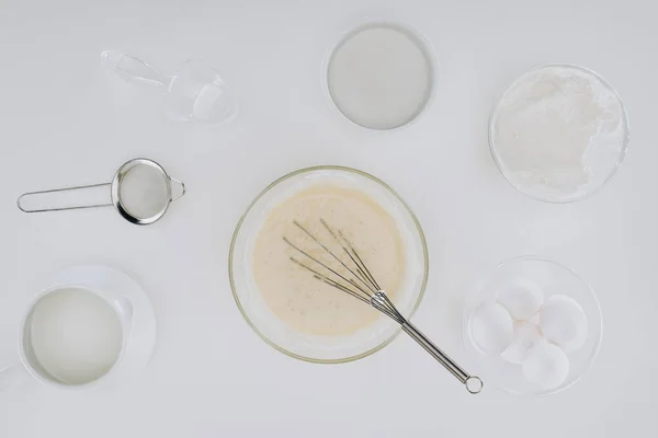 Top View Dough Whisk Ingredients Utensils Cooking Pancakes Isolated Grey — Stock Photo, Image