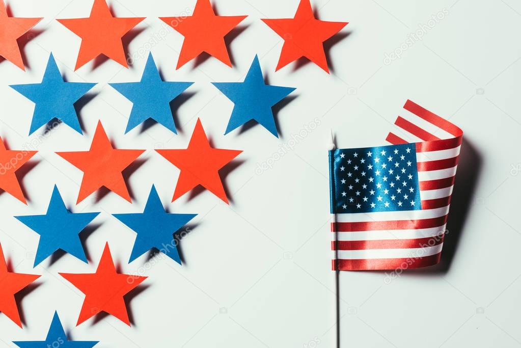 top view of stars and american flag isolated on white, presidents day concept