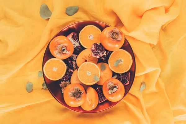 Top View Fruits Plate Orange Tablecloth — Stock Photo, Image