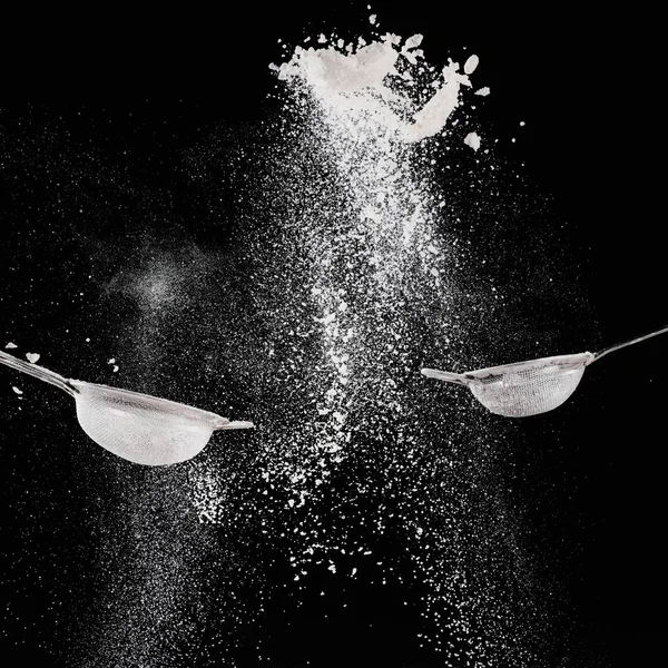 Sieves Falling Flour Isolated Black — Stock Photo, Image