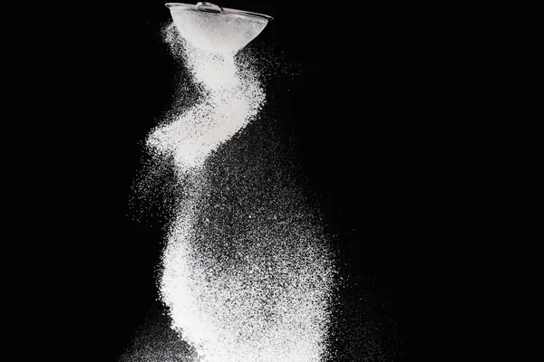 Sieve Falling Flour Isolated Black — Stock Photo, Image