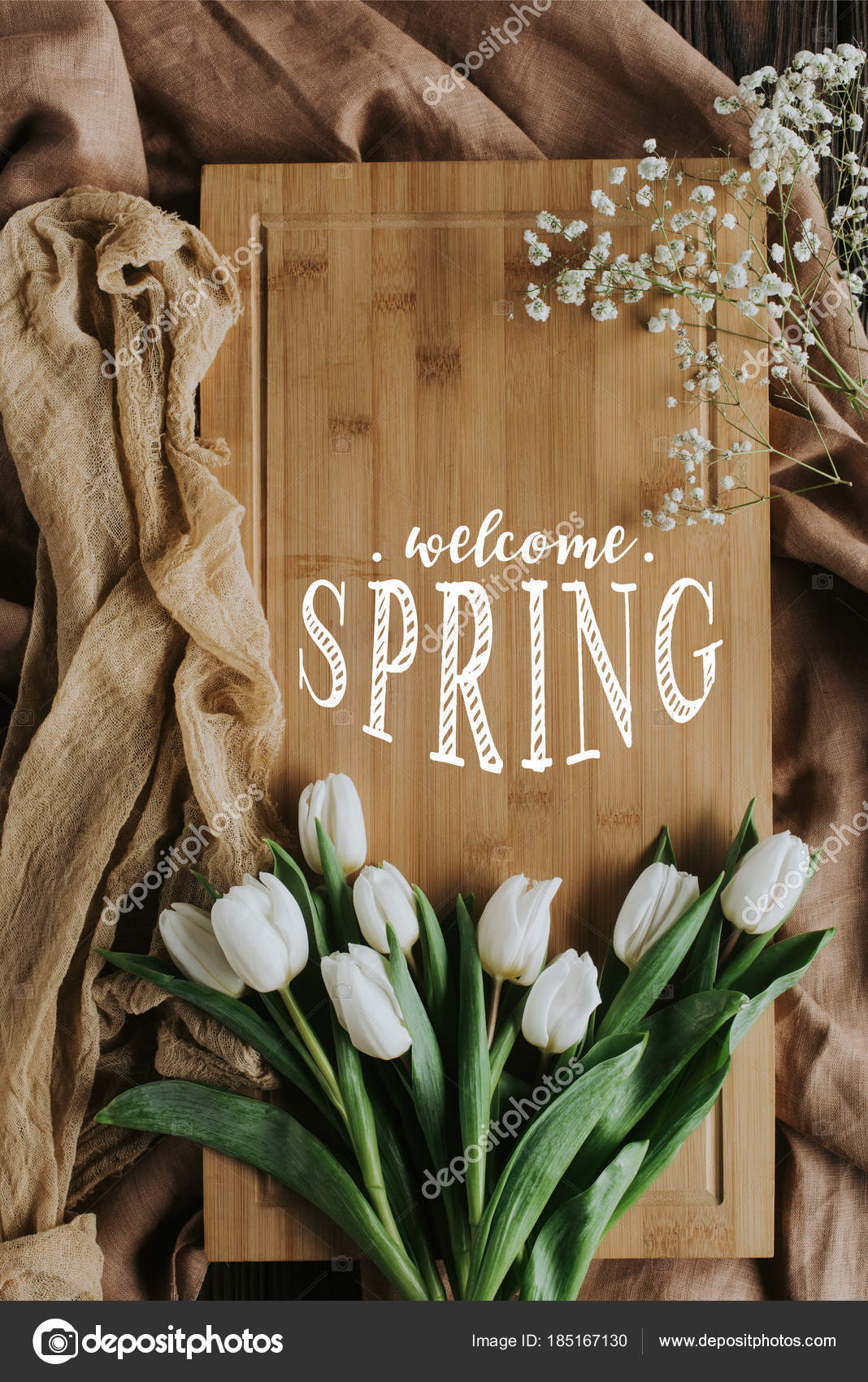 Top View White Tulips Welcome Spring Lettering Wooden Board Tablecloth  Stock Photo by ©VadimVasenin 185167130