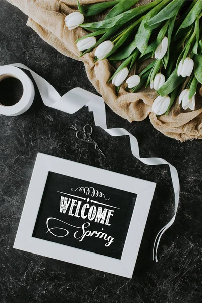 Top View White Tulips Ribbon Welcome Spring Inscription Frame Black — Stock Photo, Image