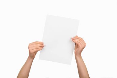 Cropped view of woman holding empty paper isolated on white clipart
