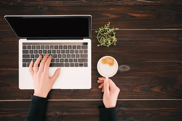 Pemandangan Indah Tangan Wanita Pada Laptop Dengan Layar Kosong Dan — Stok Foto