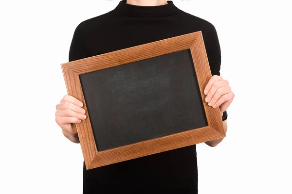 Gedeeltelijke Weergave Van Vrouw Met Leeg Schoolbord Geïsoleerd Wit — Stockfoto