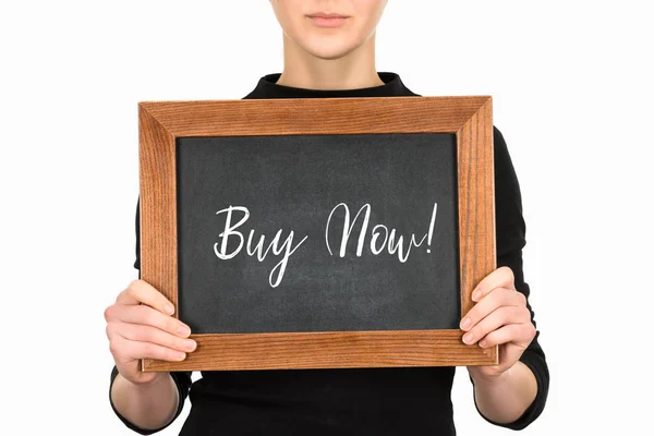 Partial View Woman Holding Board Lettering Buy Now Isolated White — Stock Photo, Image