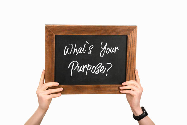 Cropped view of woman hands holding board with lettering whats your purpose isolated on white