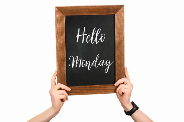 Cropped Image Woman Hands Holding Chalkboard Lettering Hello Monday Isolated — Stock Photo, Image