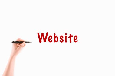 Web sitesi yazıt üzerinde beyaz izole yazma kadının kırpılmış görüntü