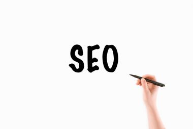 seo yazıt üzerinde beyaz izole yazma kadının kırpılmış görüntü