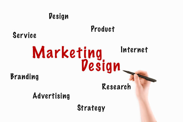 cropped image of woman writing marketing design inscriptions isolated on white