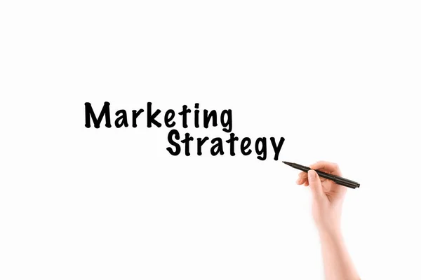 Imagem Recortada Mulher Escrevendo Inscrição Estratégia Marketing Isolado Branco — Fotografia de Stock