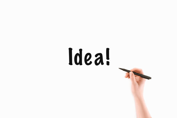 cropped image of woman writing idea inscription isolated on white