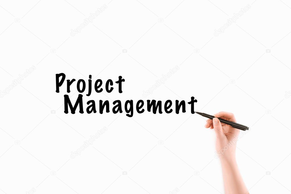 cropped image of woman writing project management inscription isolated on white