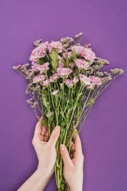 Kısmi görmek güzel pembe çiçekler violet tutan kişi 