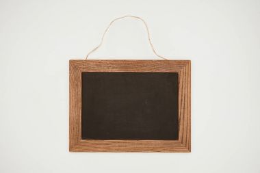 blank chalkboard with wooden frame and thread isolated on white clipart