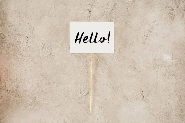 Top View Hello Lettering Placard Concrete Surface — Stock Photo, Image