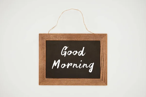 Good Morning Lettering Chalkboard Wooden Frame Thread Isolated White — Stock Photo, Image