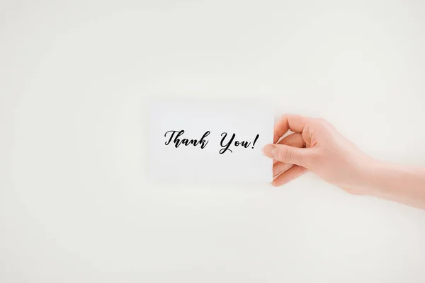 Cropped Shot Woman Holding Paper Thank You Lettering Isolated White — Stock Photo, Image