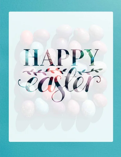 Food Composition Easter Eggs Square Shape Happy Easter Lettering — Stock Photo, Image