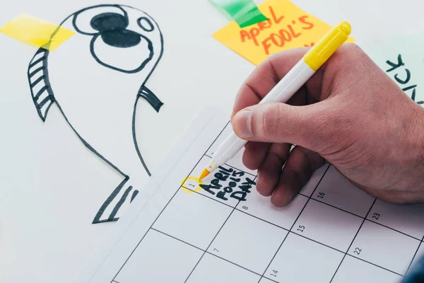 Partial View Man Making Note Calendar Isolated Grey April Fools — Stock Photo, Image