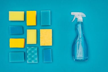 top view of spray bottle and washing sponges isolated on blue clipart