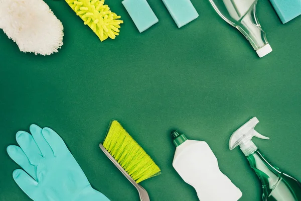Top View Cleaning Supplies Isolated Green — Stock Photo, Image