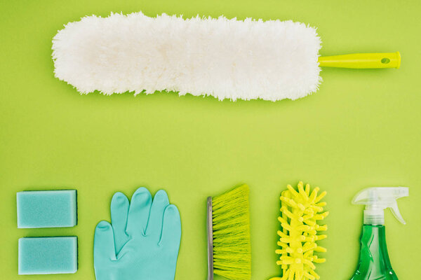 top view of dust brush and cleaning supplies isolated on light green