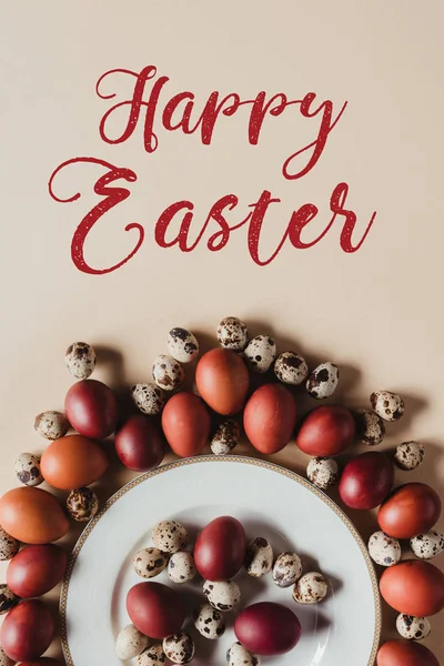 Top View Easter Eggs Plate Happy Easter Lettering — Stock Photo, Image