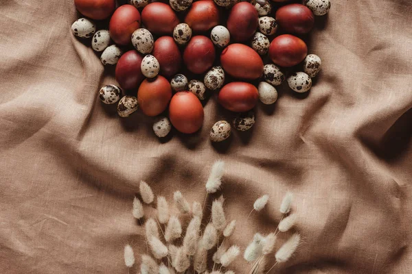 Top View Easter Painted Eggs Quail Eggs Linen Tablecloth Ears — Free Stock Photo