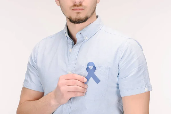 Vedere Parțială Omului Panglică Conștientizare Albastră Izolată Conceptul Cancer Colon — Fotografie, imagine de stoc