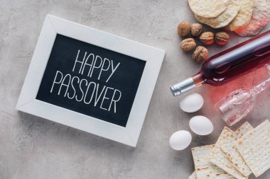 top view of frame with happy passover greeting, Pesah celebration concept clipart