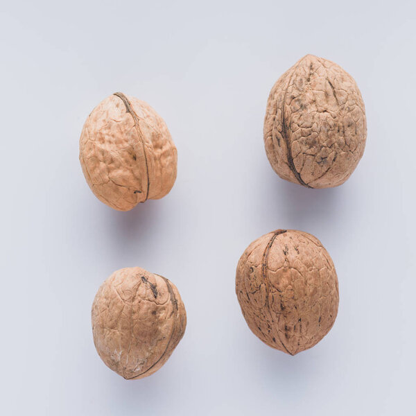 Top view of walnuts on white surface