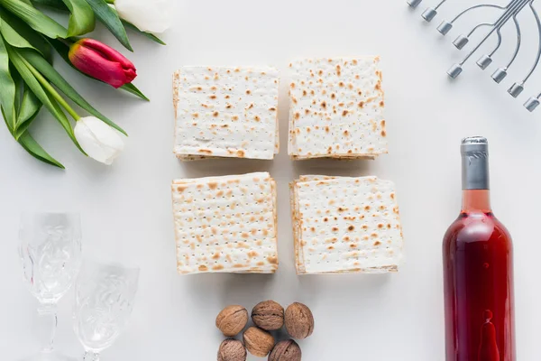 Top View Matza Menorah Table Jewish Passover Holiday Concept — Stock Photo, Image