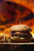 Detailní pohled chutné hovězí burger s hranolky  
