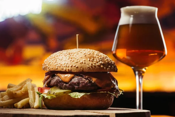 Tasty Beef Burger French Fries Glass Beer — Stock Photo, Image