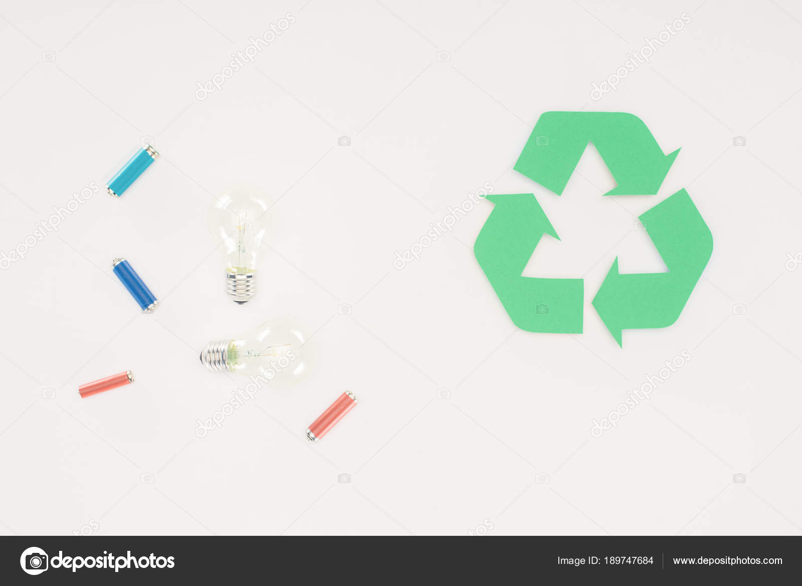 Top View Light Bulbs Batteries Recycle Sign White — Stock Photo