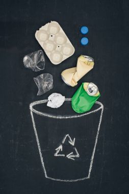 different types of trash falling into drawn trash bin with recycle sign on chalkboard clipart