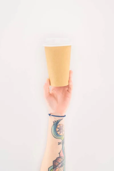 Обрізаний Знімок Жінки Тримає Паперову Чашку Ізольовано Білому — стокове фото
