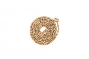 top view of arranged brown marine rope with knots isolated on white clipart